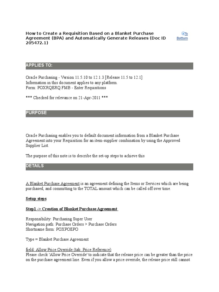 How To Create A Requisition Based On A Blanket Purchase Agreement PDF Tab (Gui) Workflow