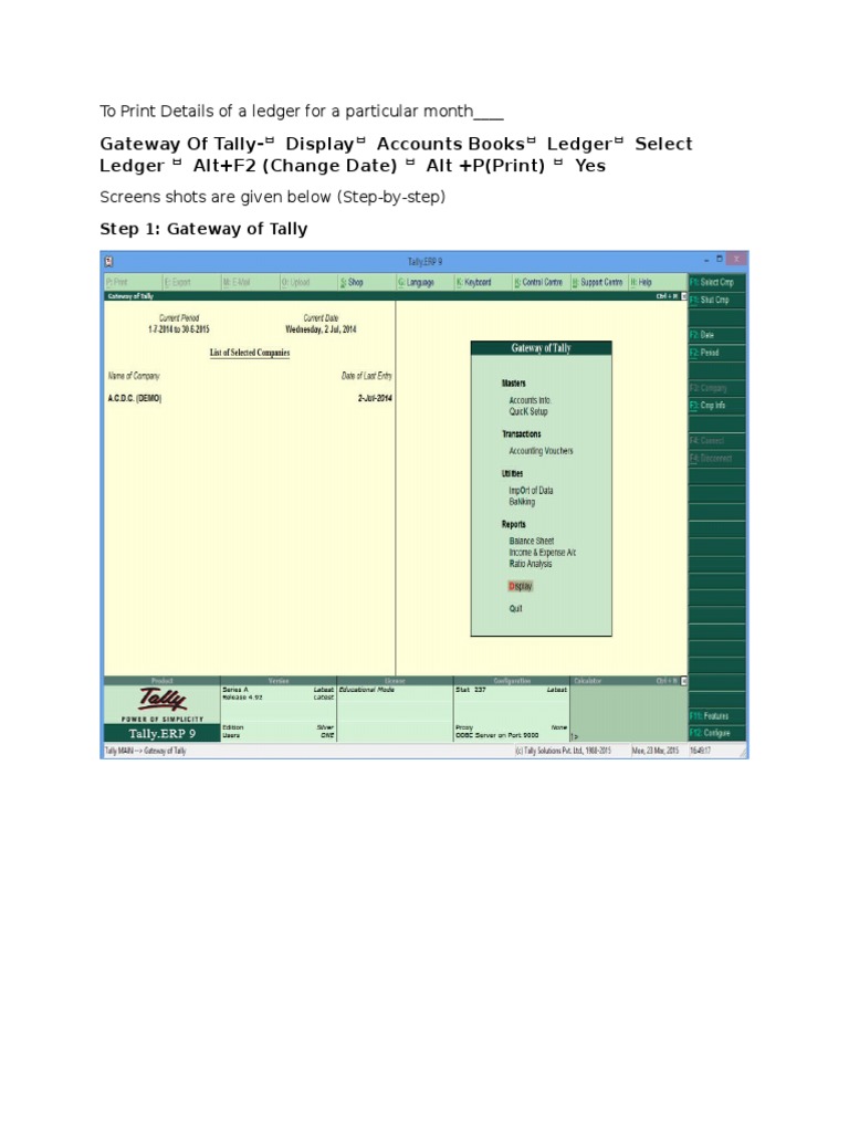 Gateway of Tally Display Accounts Books Ledger Select Ledger Alt+F2