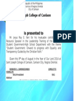St. Joseph College Certificate for Student Leadership Training Speaker