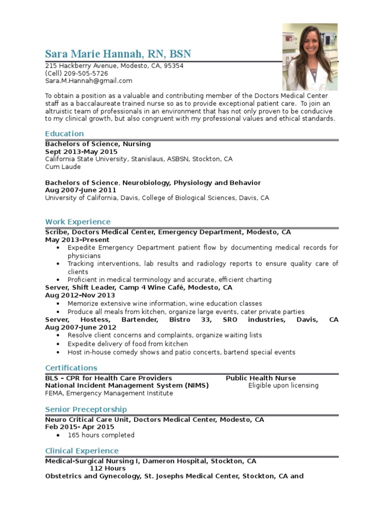 RN BSN Resume for Doctors Medical Center | PDF