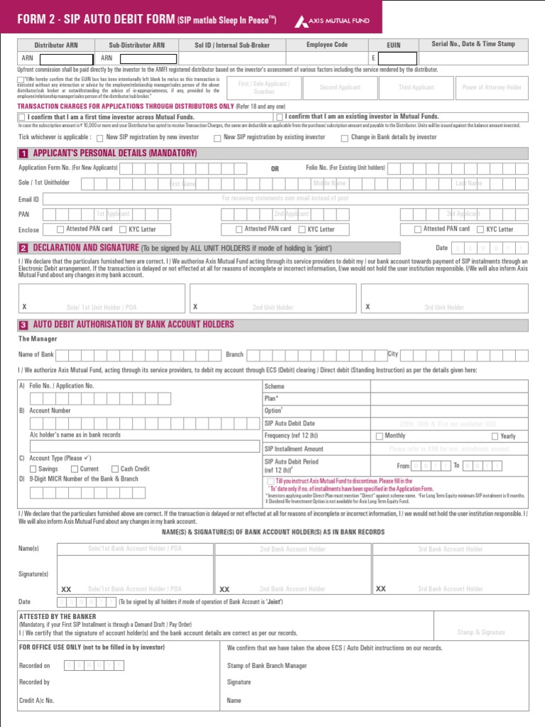 Axis SIP Form Debit Card Banks