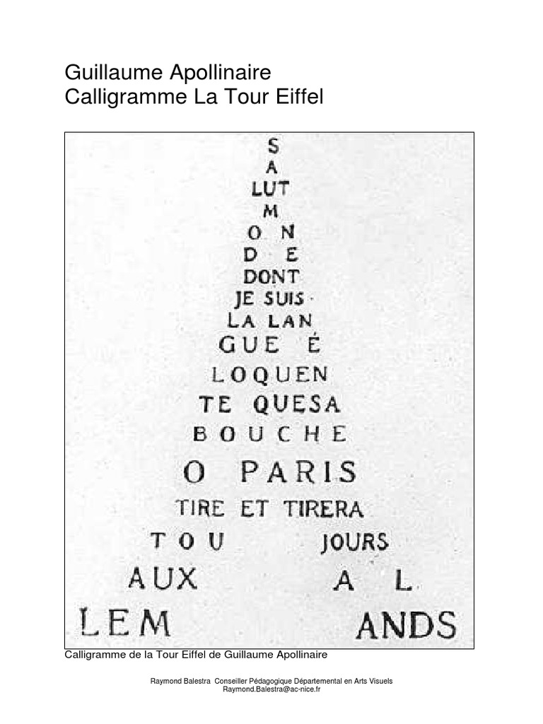 Guillaume APOLLINAIRE Calligramme Tour Eiffel Poésie Arts (Général)
