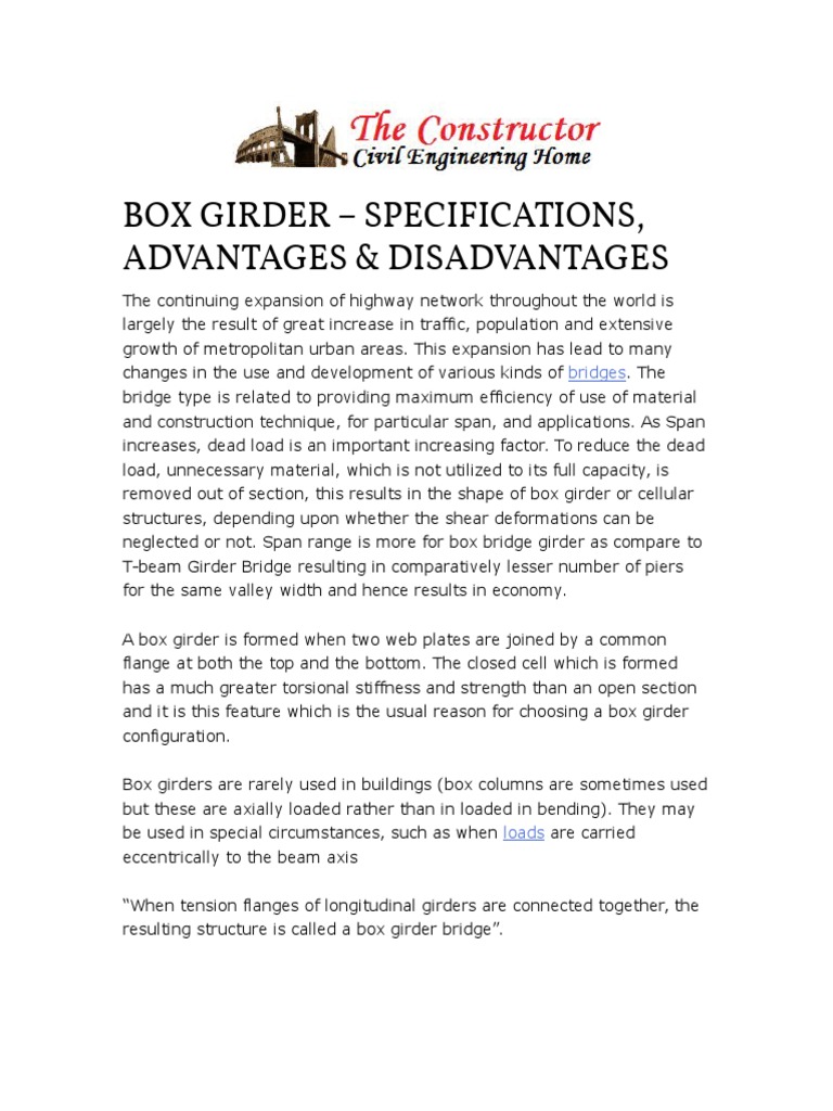 Box Girder Specifications, Advantages & Disadvantages Bridges PDF