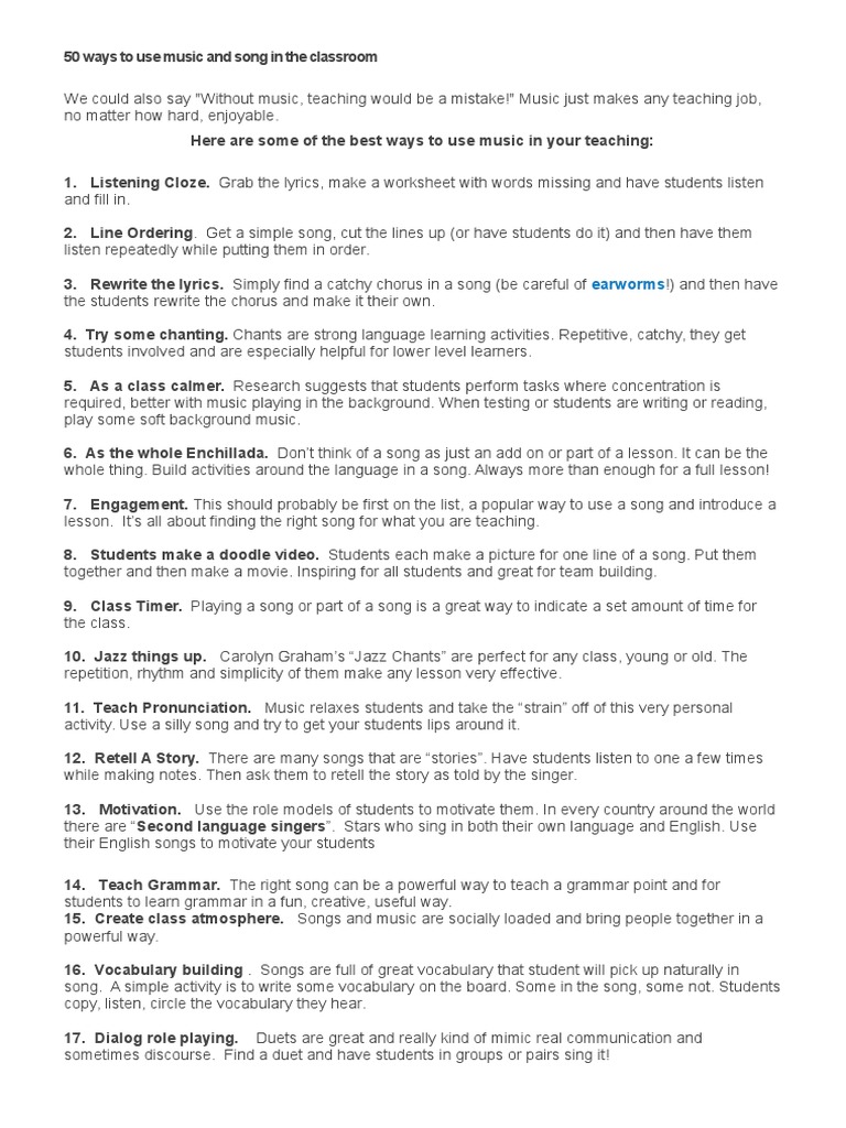 50 Ways To Use Music and Song in The Classroom | PDF | Singing | Vocabulary