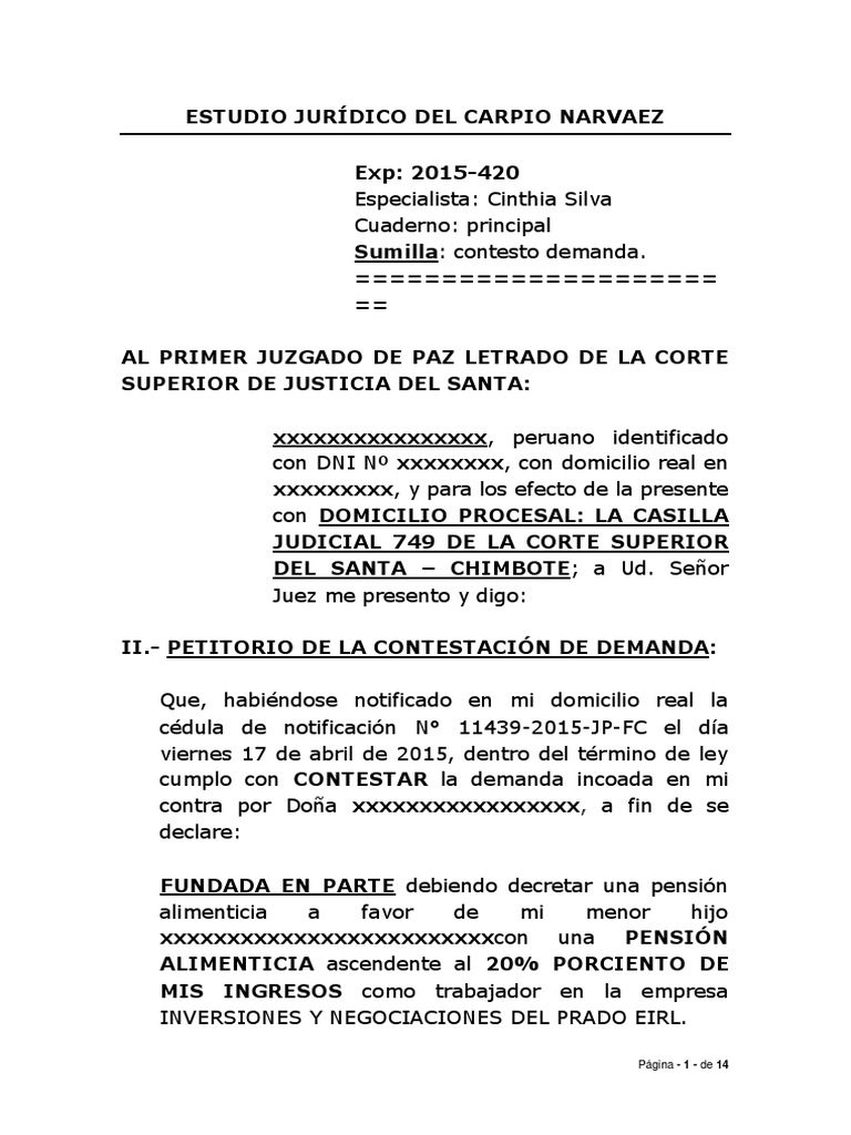 Modelo de Demanda de Alimentos Perú Demanda judicial Derecho penal