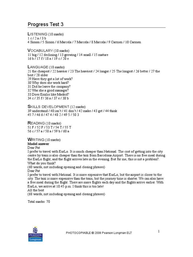 Progress Test 3 Key | PDF