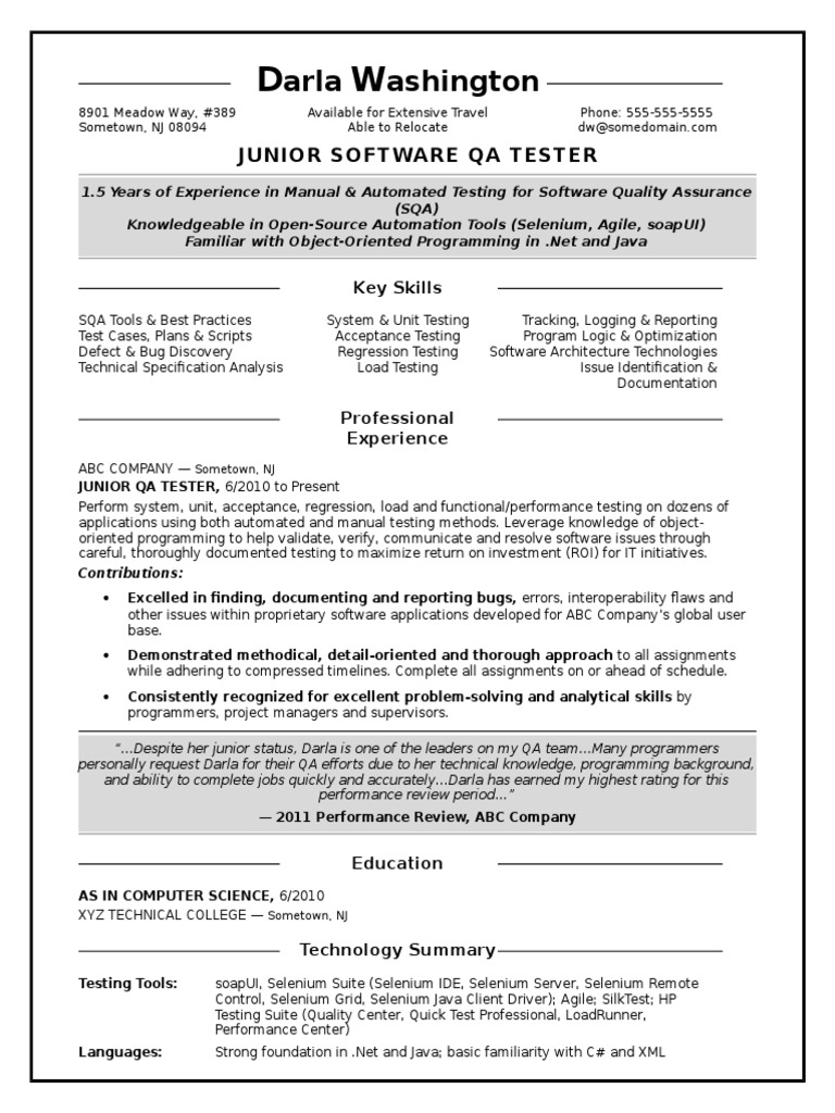 sample resume for entry level software tester