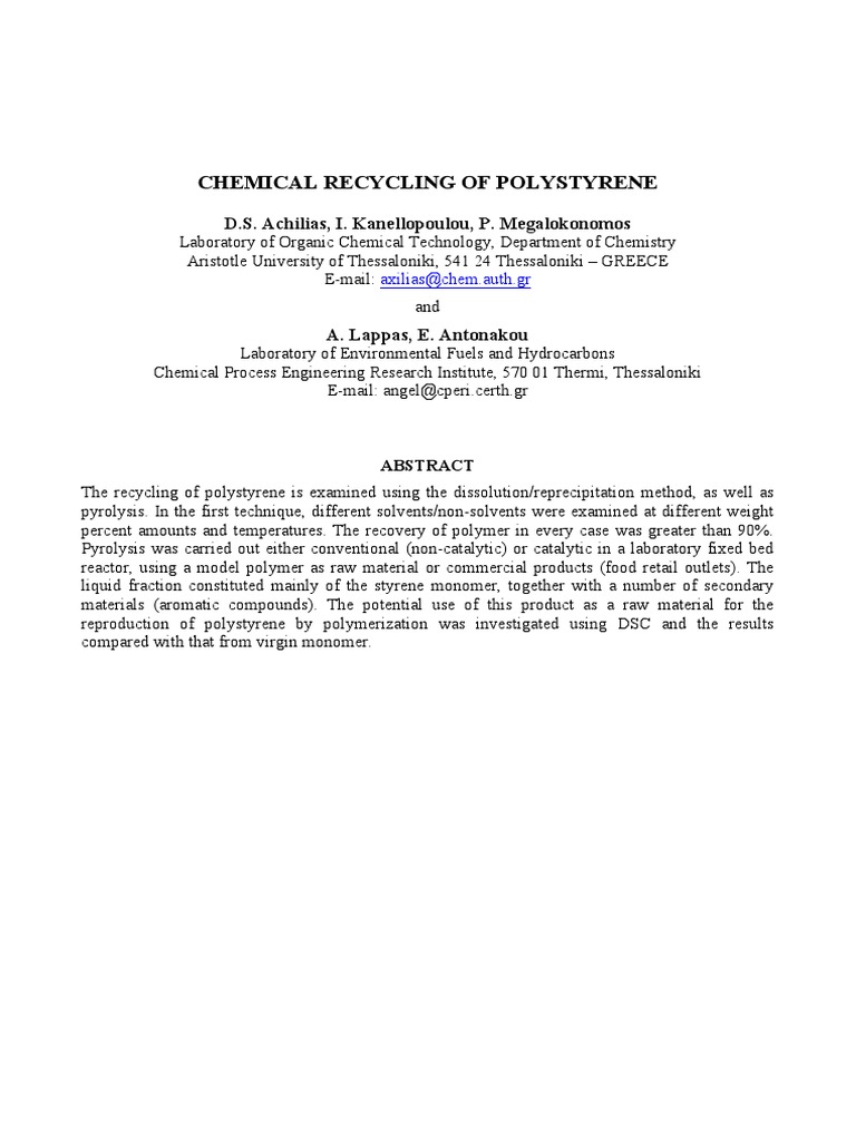 Chemical Recycling Methods for Polystyrene | PDF | Polystyrene | Gas ...