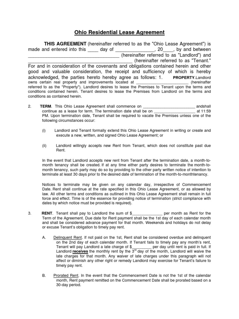 Ohio Residential Lease Agreement | Leasehold Estate | Landlord