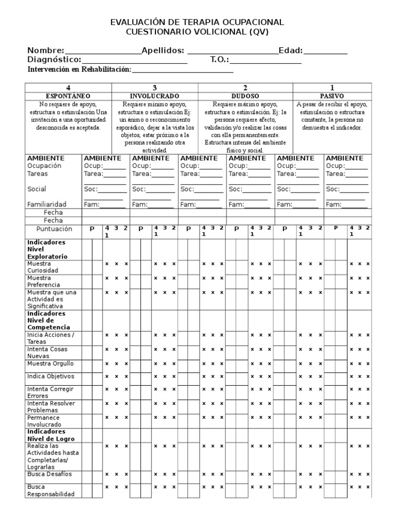 Evaluaci n De Terapia Ocupacional Cuestionario Volicional QV Nombre 