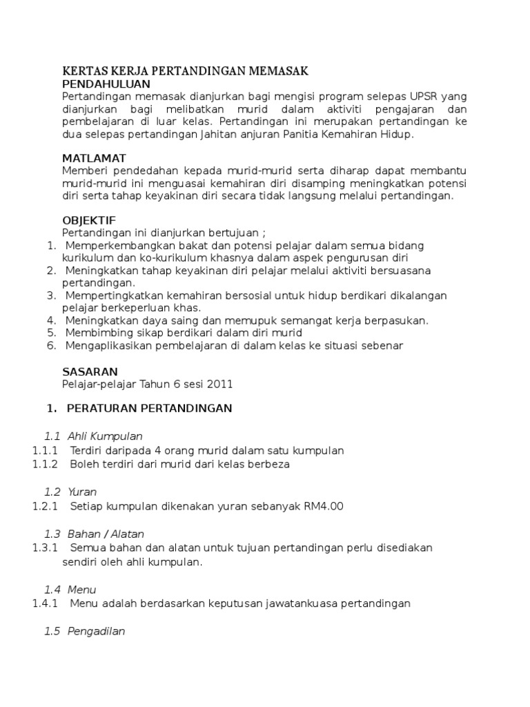 Kertas Kerja Pertandingan Memasak Pdf