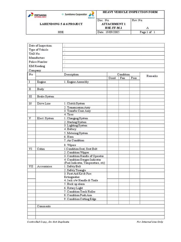 Heavy Vehicle Inspection Checklist | PDF | Law | Technology & Engineering