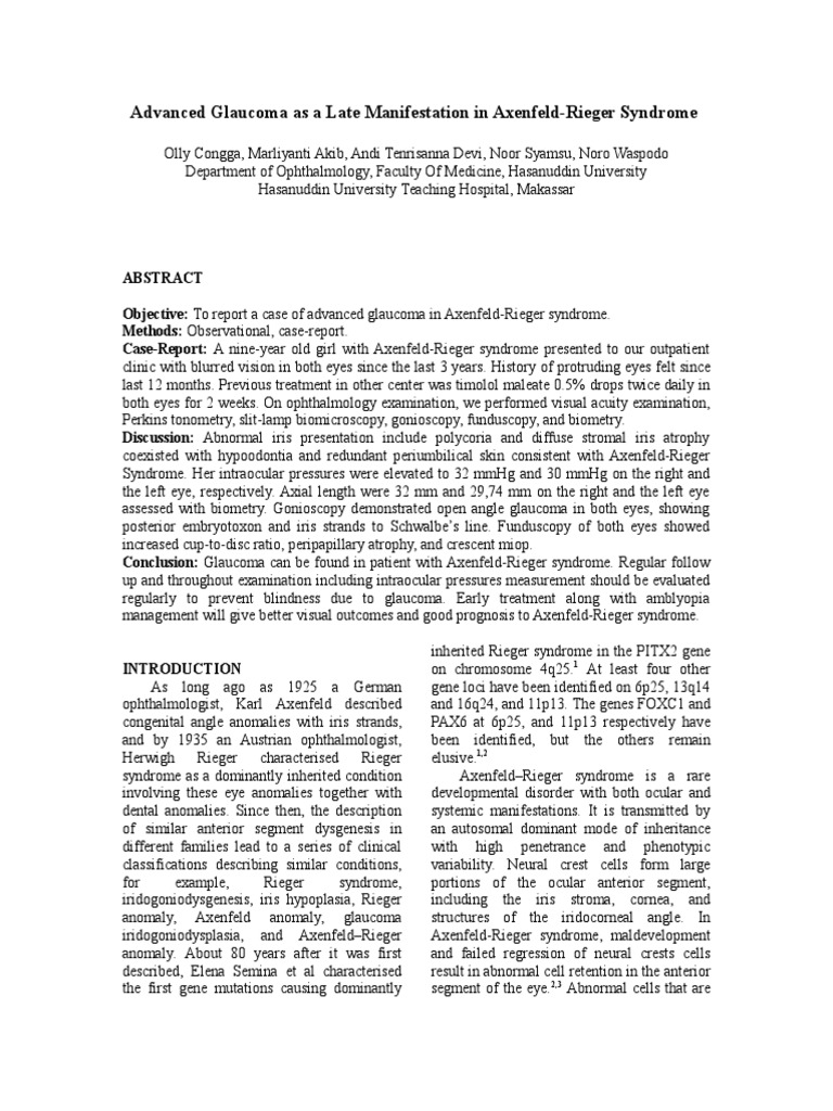 Advanced Glaucoma in Axenfeld-Rieger Syndrome | PDF | Glaucoma ...