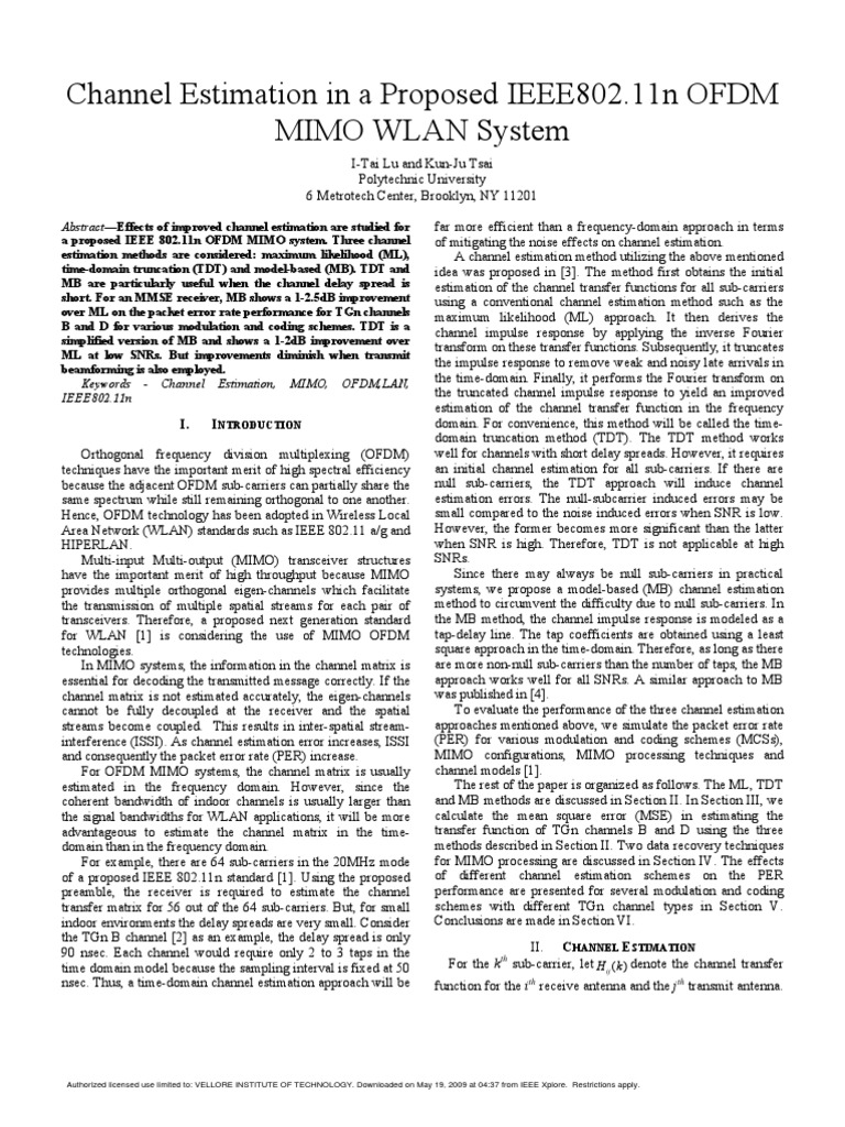 Channel Estimation in A Proposed IEEE802.11n OFDM MIMO WLAN Systems ...
