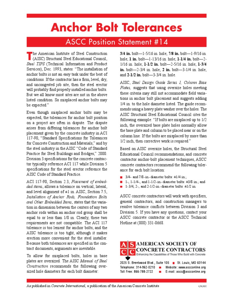Anchor Bolt Tolerances | PDF | Screw | Structural Steel