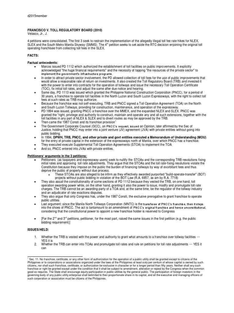 Francisco v. Toll Regulatory Board PDF Suffrage United States