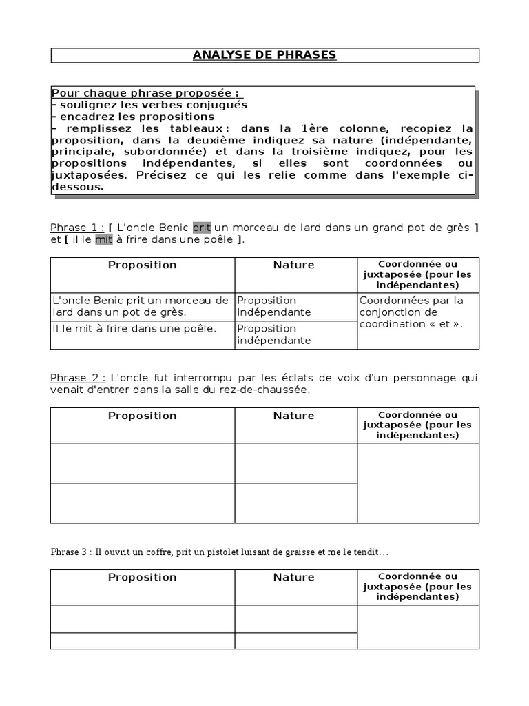 Exercice Phrase Complexe Juxtaposition Coordination Subordination