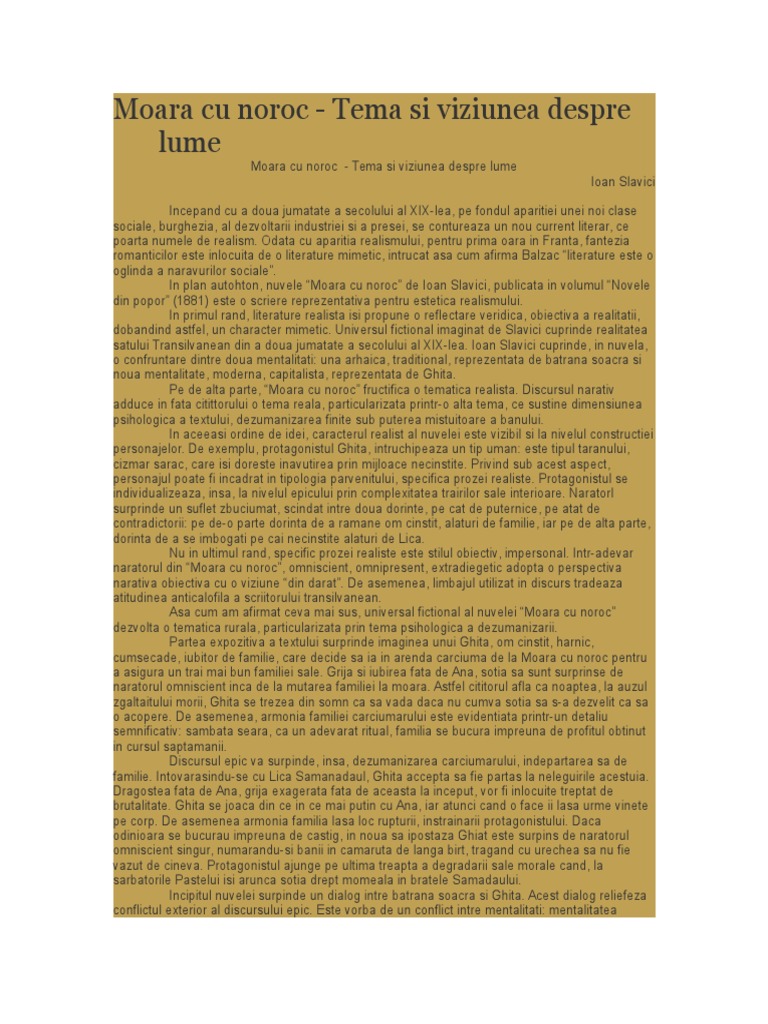 Tema Si Viziunea Despre Lume Moara Cu Noroc