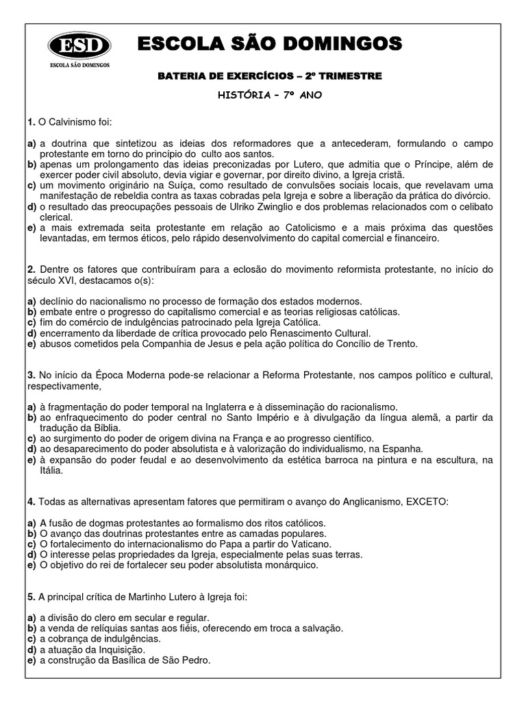 Aval 7 Ano Reforma e Renascimento Reforma Protestante Protestantismo