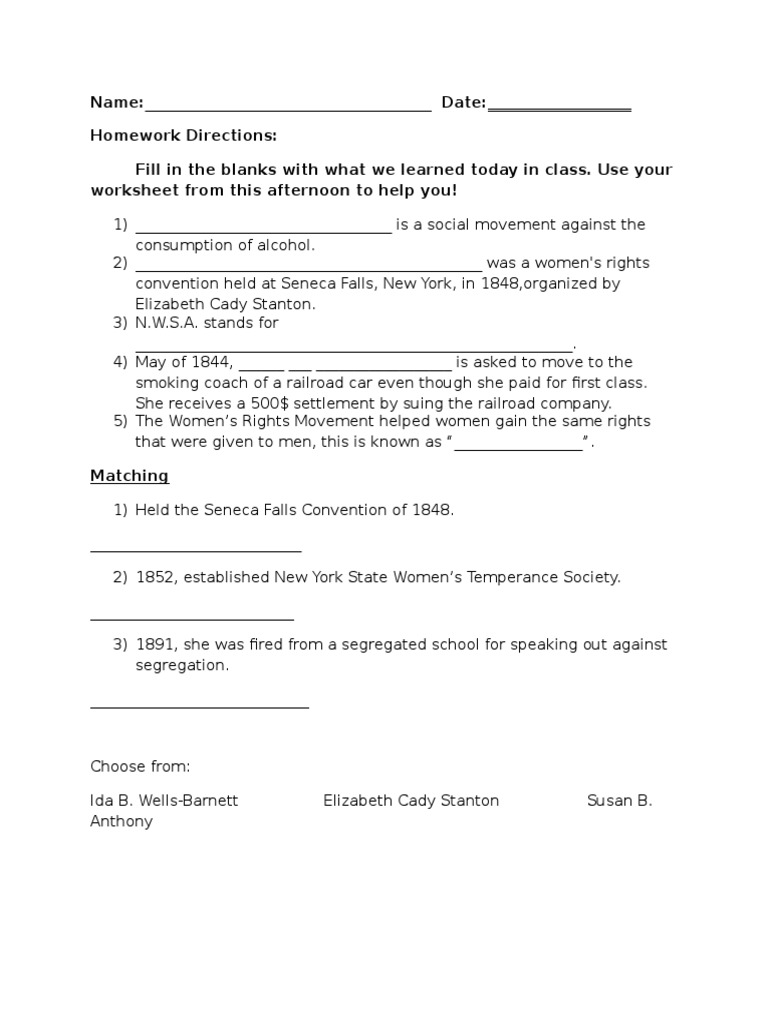 Women's Rights Movement Homework Guide | PDF