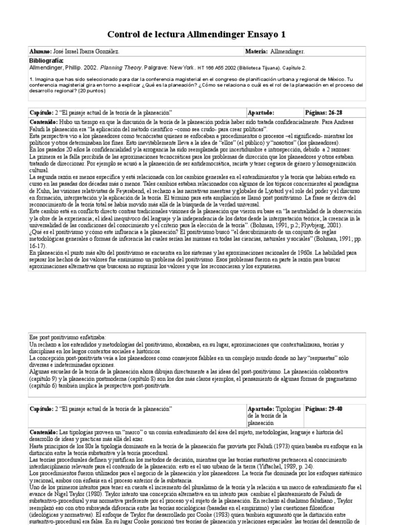 Control de Lectura Allmendinger, Phillip. 2002. Planning Theory. Palgrave New York. HT 166 A55