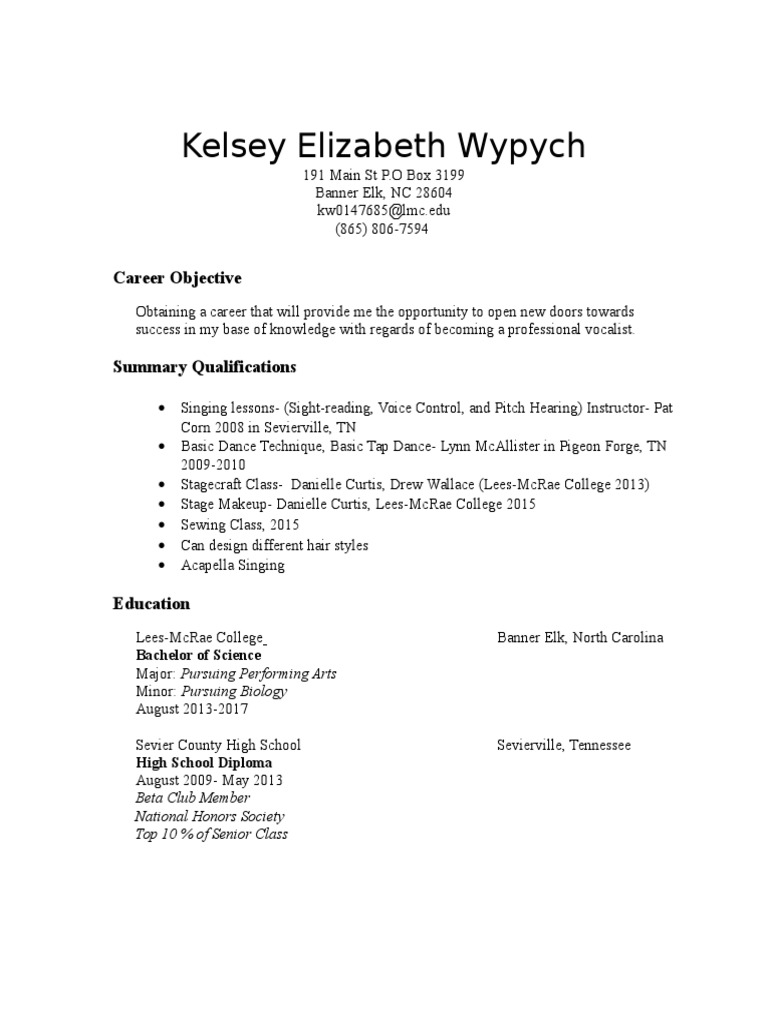 Kelseys Resume Knoxville Singing