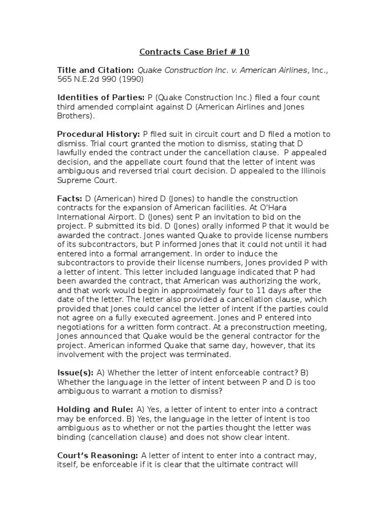 Contracts Case Brief 10 Brief (Law) Appeal