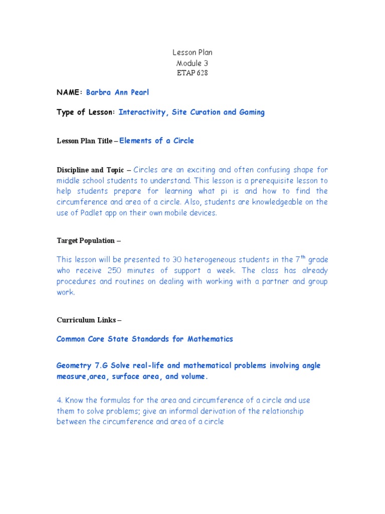 Elements of a Circle Lesson Plan | PDF | Circle | Area