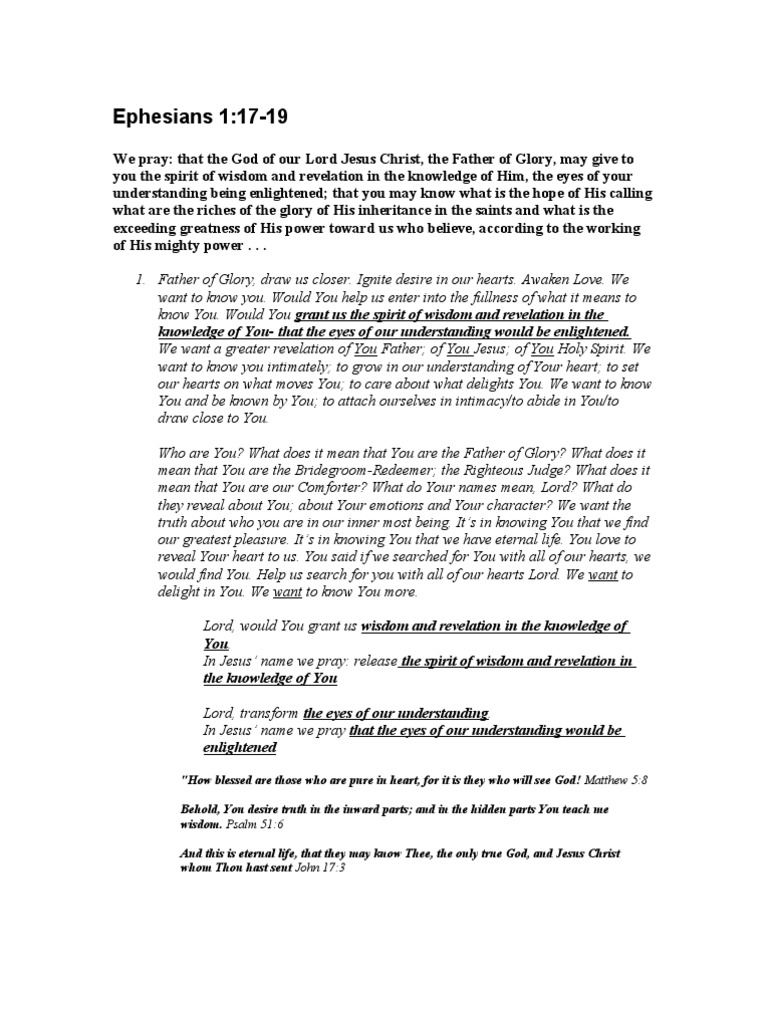 Prayer Outline 1 - Ephesians 1 v17-19 | Grace In Christianity | Glory ...