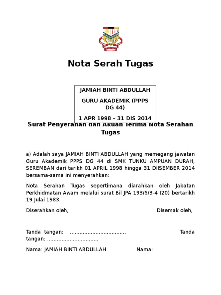 Nota Serah Tugas Jamiah