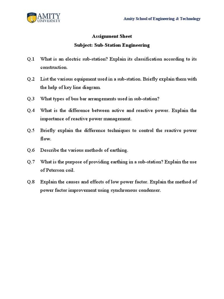 Sub-Station Engineering Assignment Guide | PDF