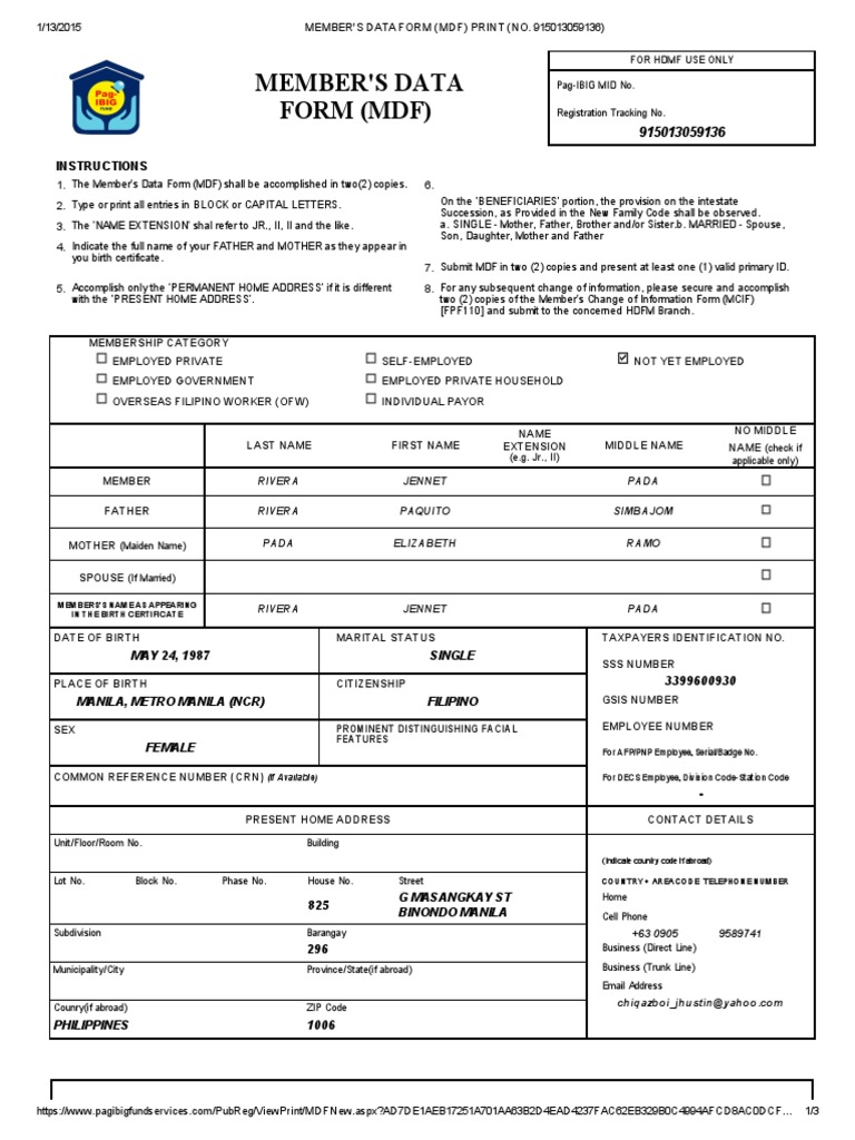 Member's Data Form (MDF) Print (No | PDF | Government | Social Institutions