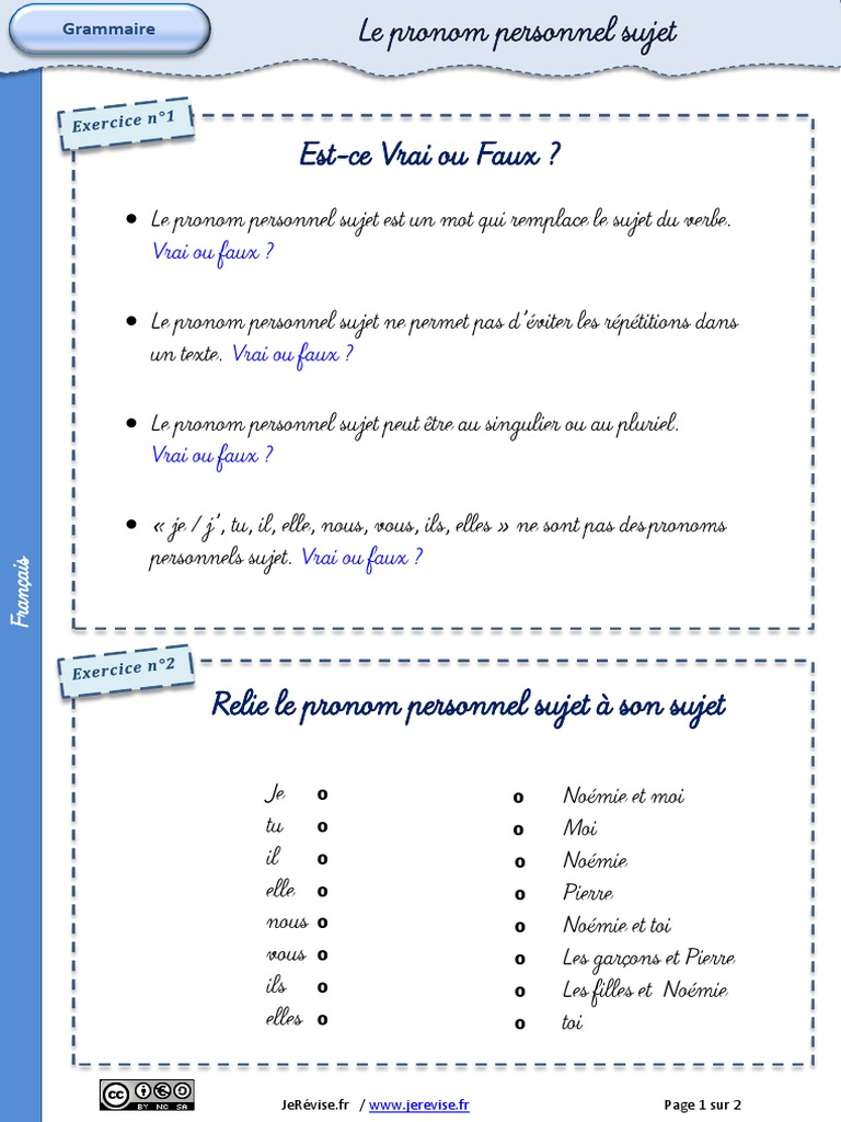 Exercices sur les pronoms personnels | PDF | Études des langues étrangères