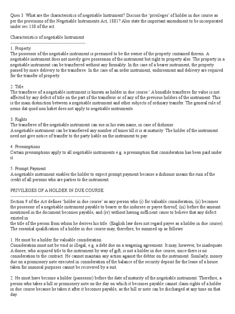 Rights and Privileges of a Holder in Due Course An Analysis of the