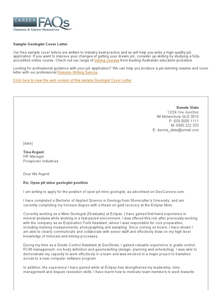 Geologist Cover Letter Mining Geology