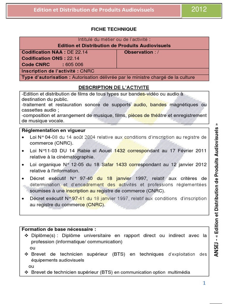 Edition Et Distribution De Produits Audiovisuels Fiche Cinematographie Technologie De Medias
