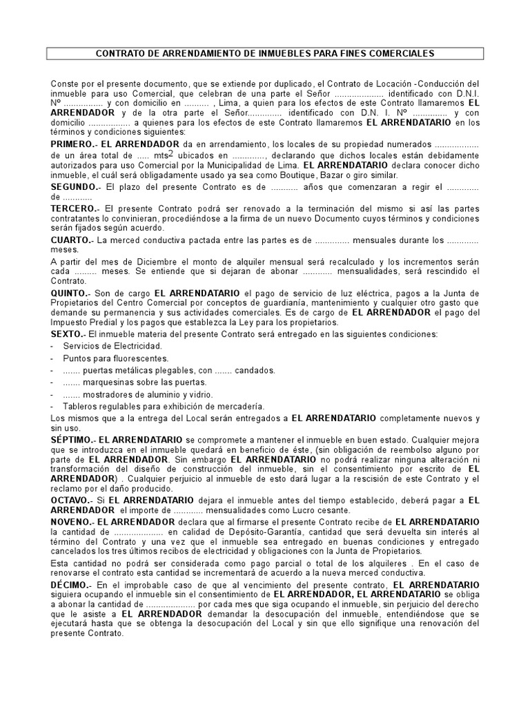Contrato de Arrendamiento de Inmueble Para Fines Comercial
