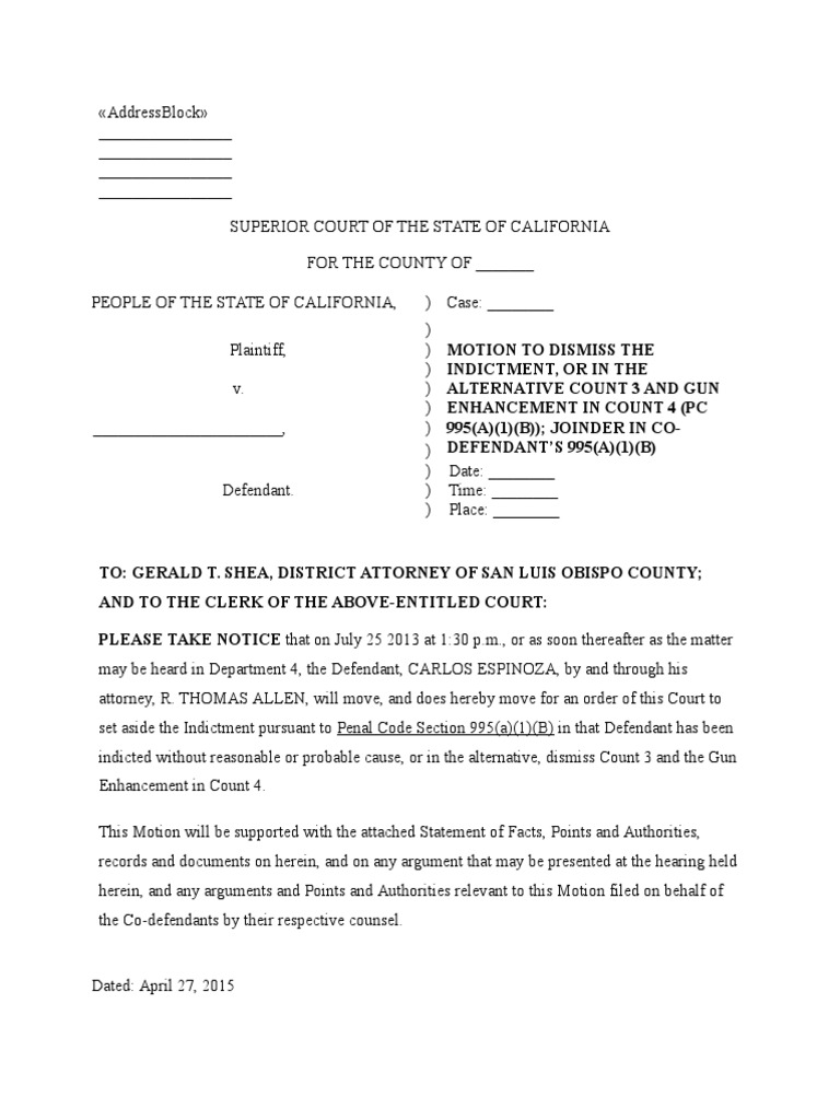 California Motion To Dismiss Indictment PDF Defendant Indictment