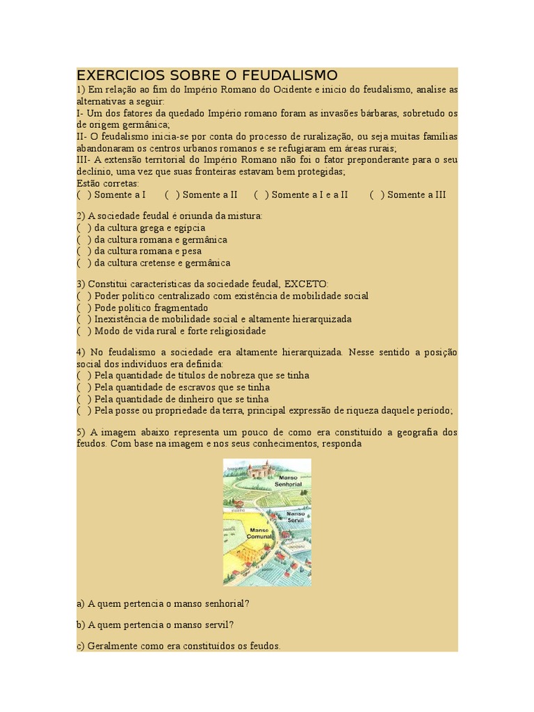 Exercícios sobre Feudalismo e Sociedade | PDF | Feudalismo | Turismo na ...