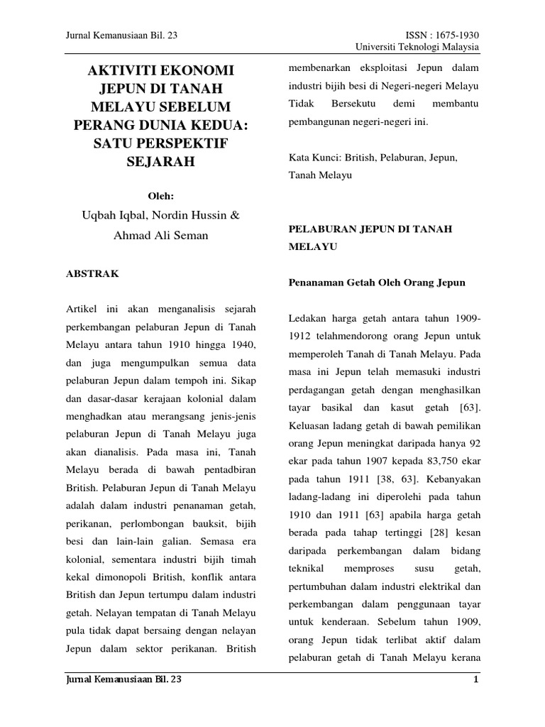 Aktiviti Ekonomi Jepun Di Tanah Melayu Sebelum Pdf