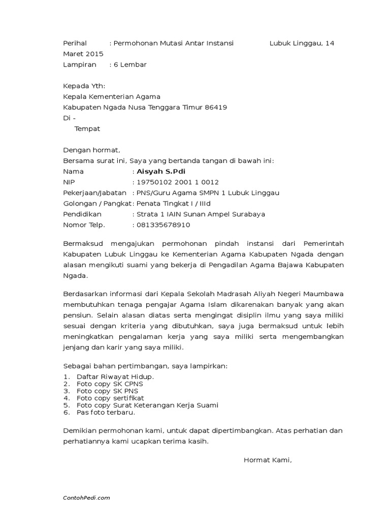 Contoh Surat Pindah Kerja Ikut Suami Kumpulan Contoh Surat