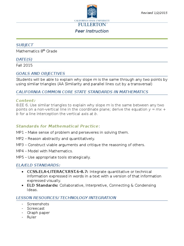 FLM Lesson Plan - Peer Instruction | PDF | Slope | Teaching Mathematics