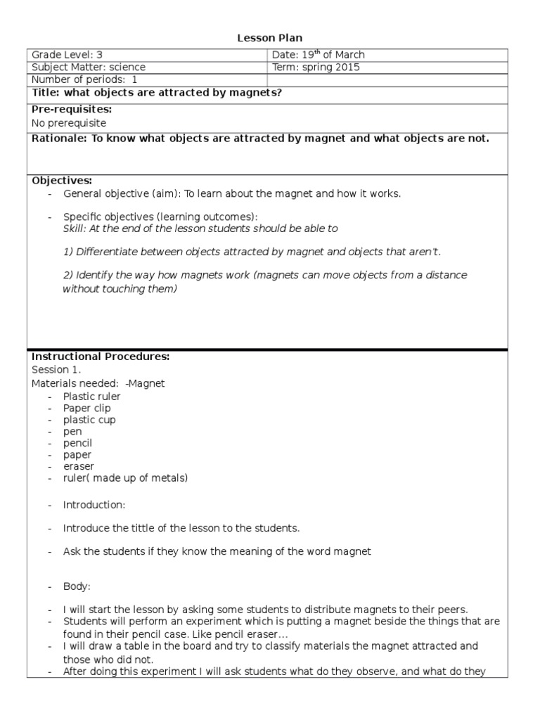 Magnetism Lesson Plan for Grade 3 | PDF | Science & Mathematics ...
