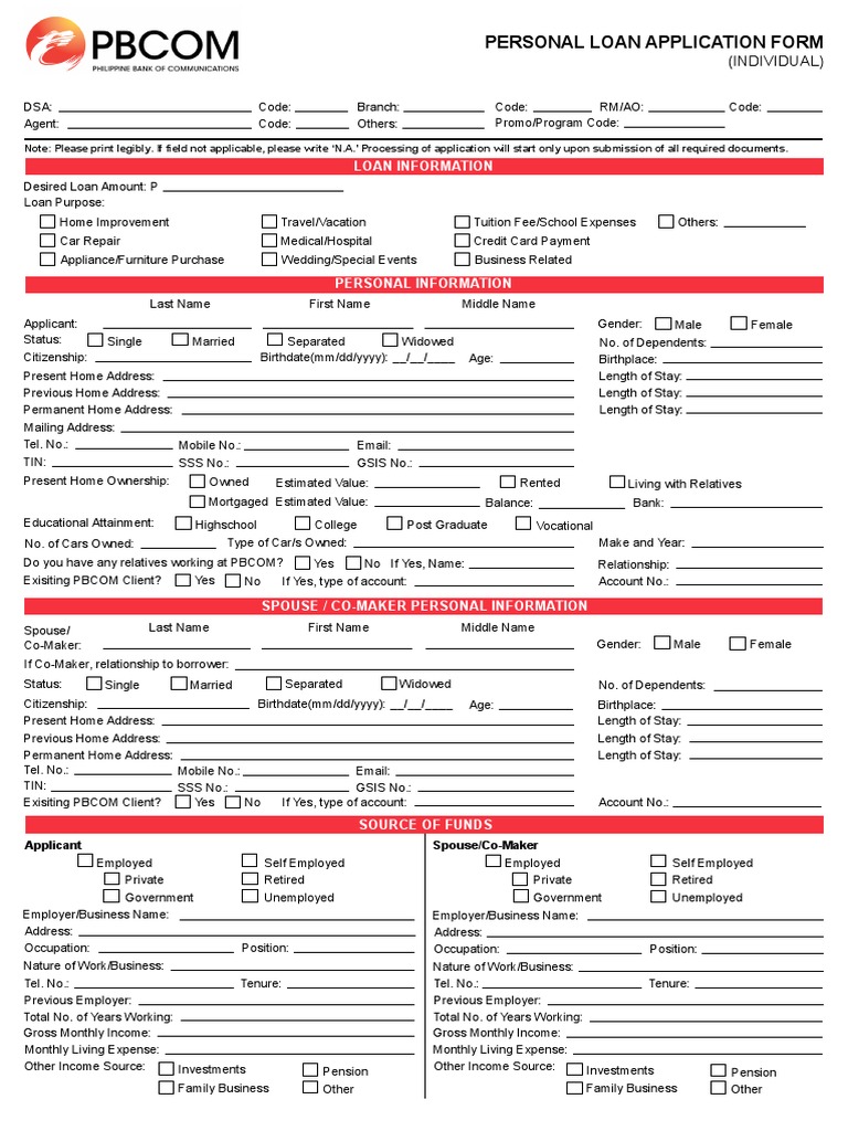 Personal Loan Application Form Credit Card Loans
