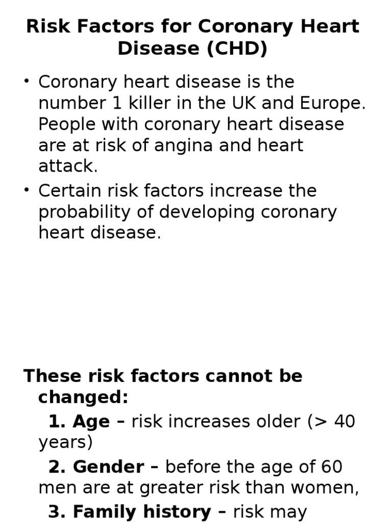 Risk Factors For Coronary Heart Disease (CHD | PDF | Coronary Artery ...