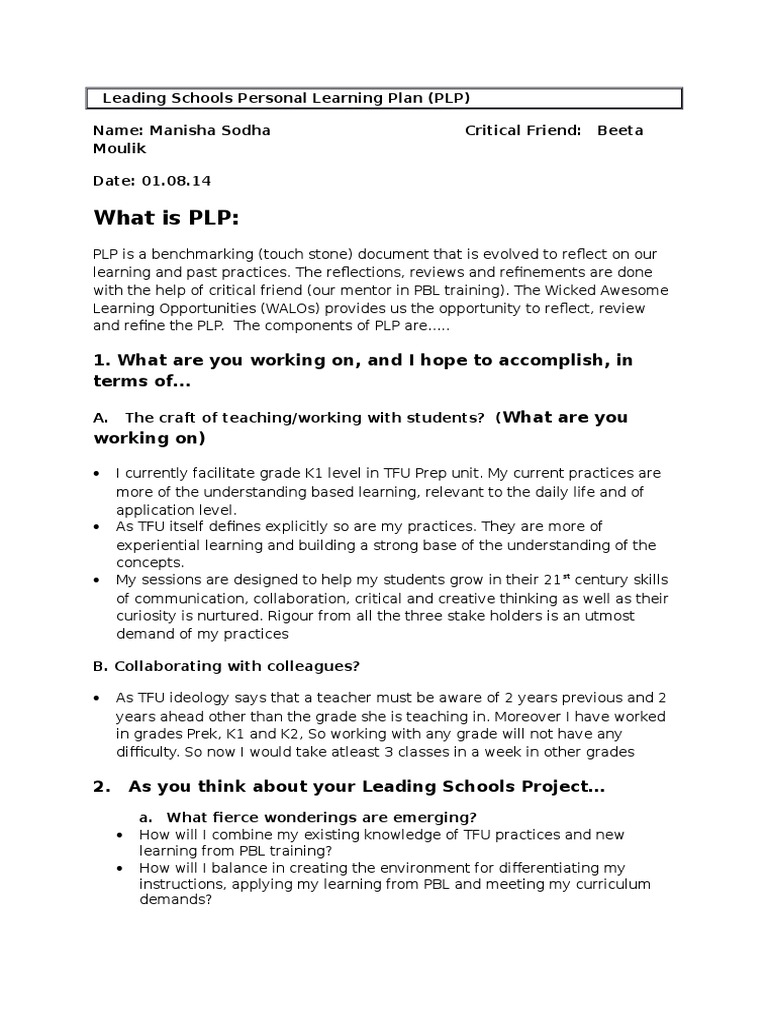Manisha PLP 1ST Draft | PDF | Quality Of Life | Learning