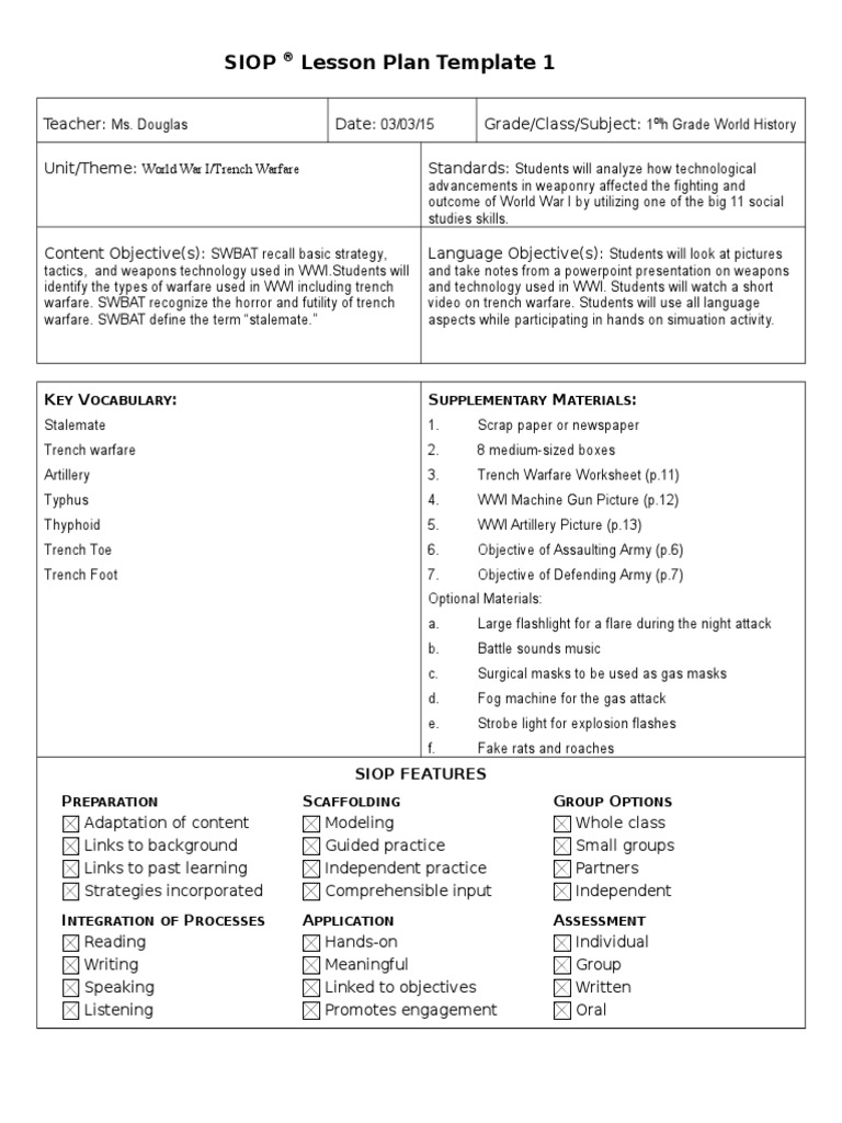 Trench Warfare Siop Lesson Plan Trench Warfare International Security