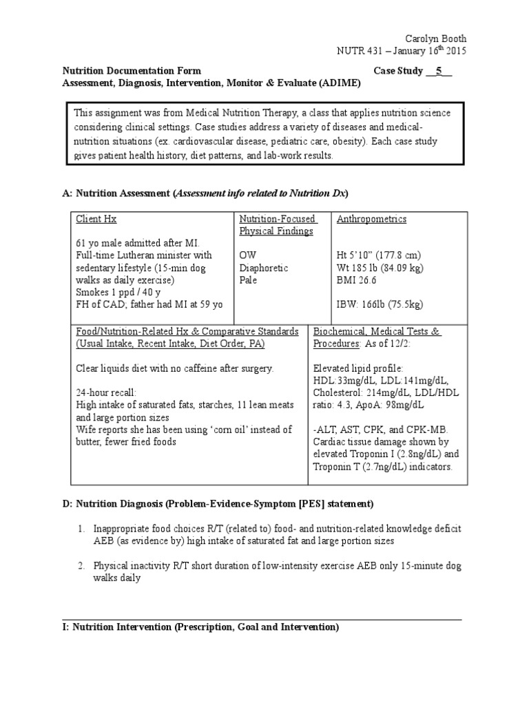 medical nutrition therapy adime note - case study 5 | Dieting | High