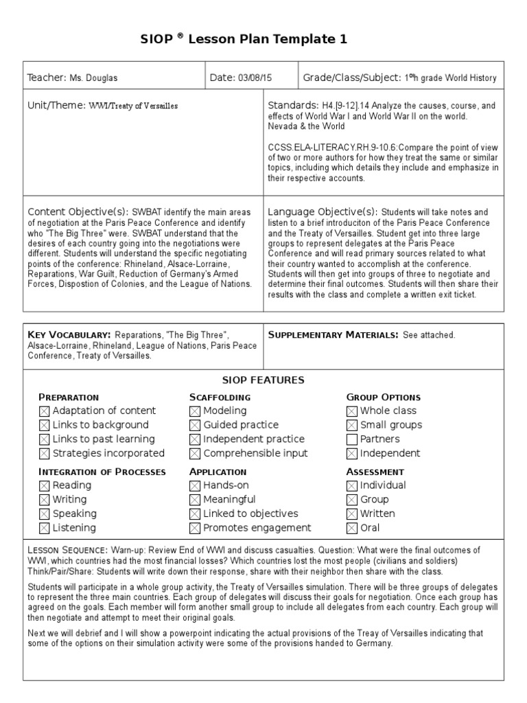 Treaty Of Versailles Siop Lesson Plan Treaty Of Versailles Paris Peace Conference
