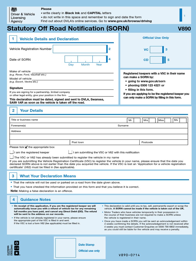Statutory Off Road Notification (SORN) Vehicle Details and